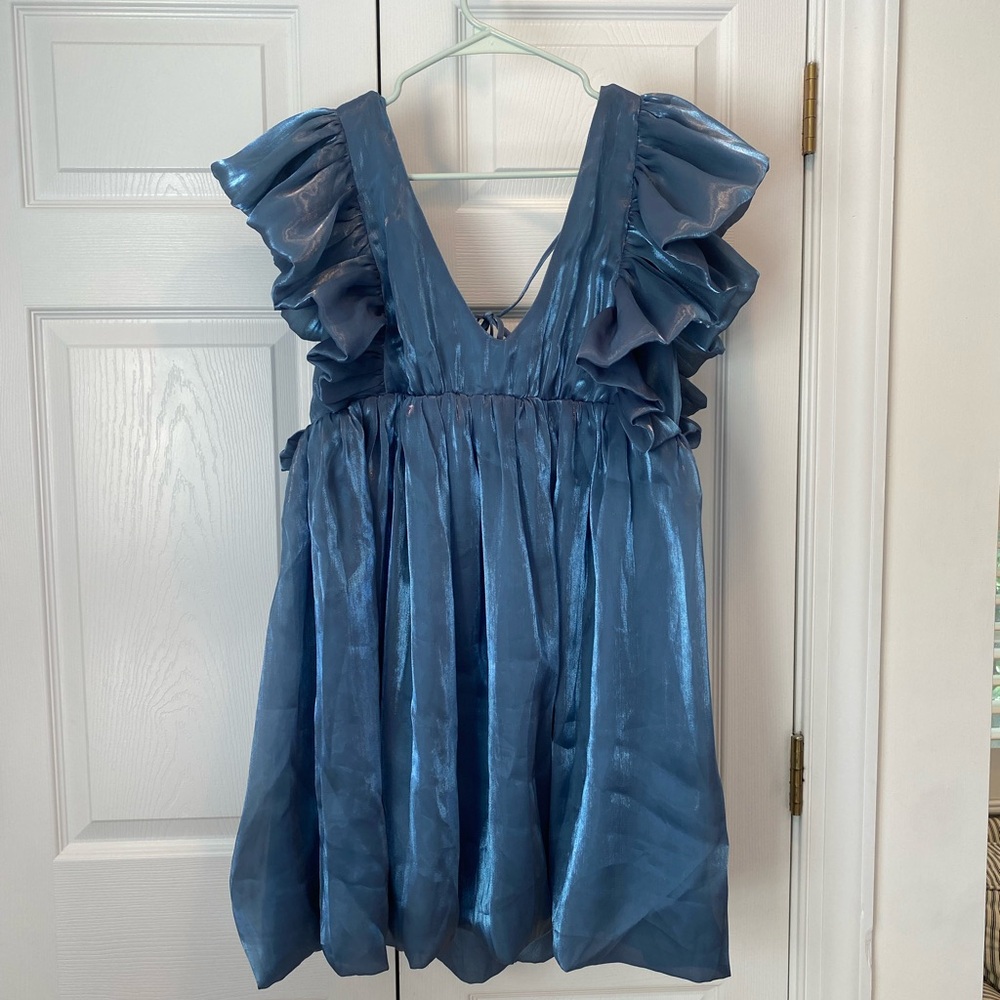 Blue Plunge Neck Flutter Sleeve Blouse with Ruffled Smocking